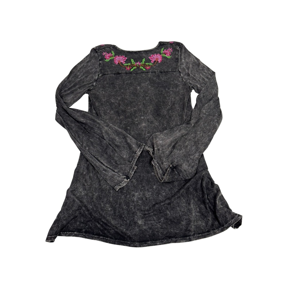 T-Party Vintage Y2K Whimsigoth Mineral Wash Floral Embroidered Bell Sleeve Tunic - Picture 2 of 5